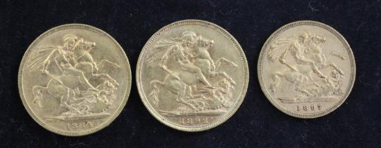 Two Victoria gold sovereigns, 1884 and 1892, (3)